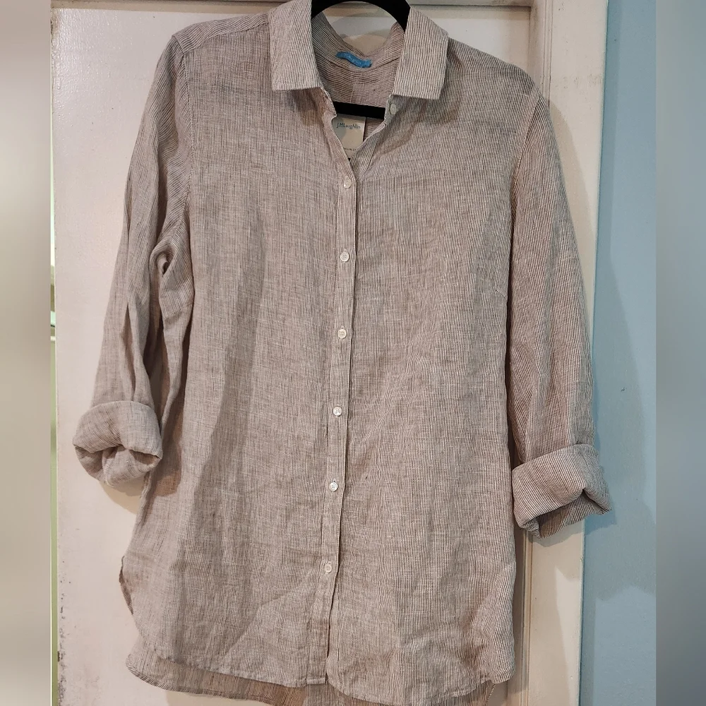 J.McLaughlin tan/white striped, large, Britt Linen Shirt - Picture 2 of 11